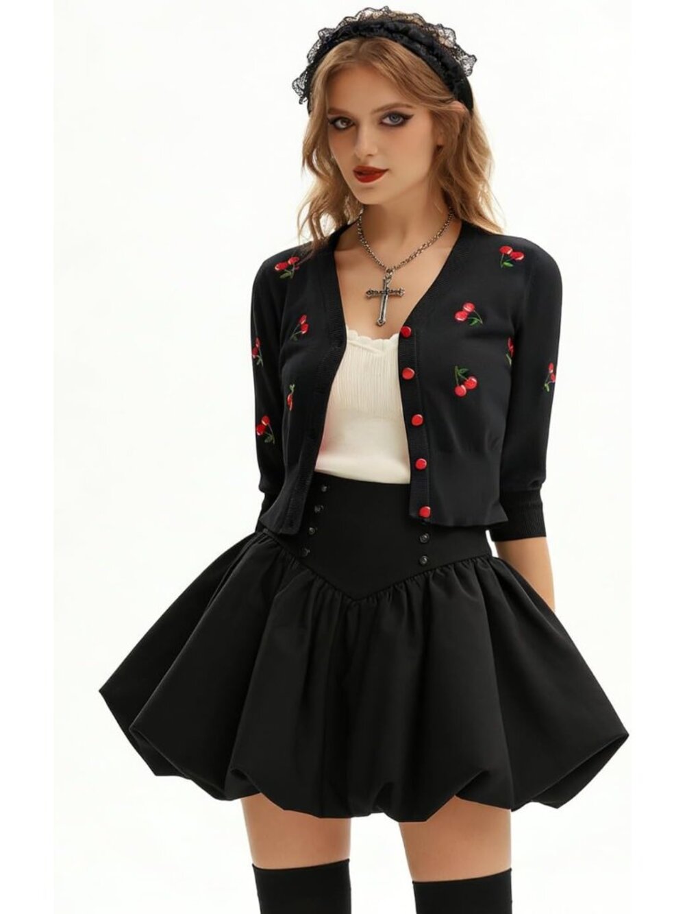 Women's 3/4 Sleeve V-Neck Button Down Cherries Embroidery Cropped Cardigan Sweat - Picture 4 of 7